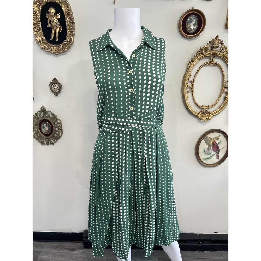 11.1 Tylho Green White Polka Dot Sleeveless Button Front Midi Dress Size M